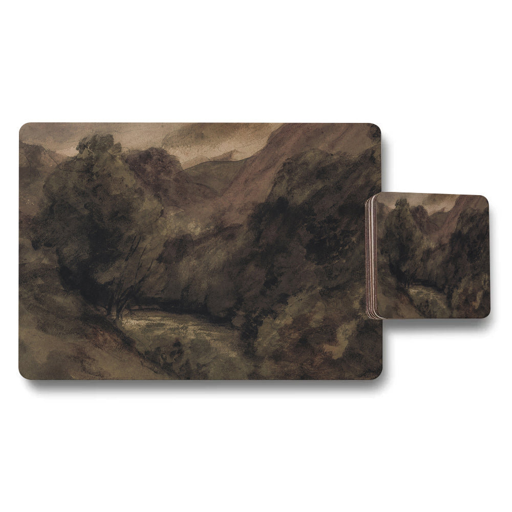 Forest Landscape Placemats And Coaster Set In Rustic Brown