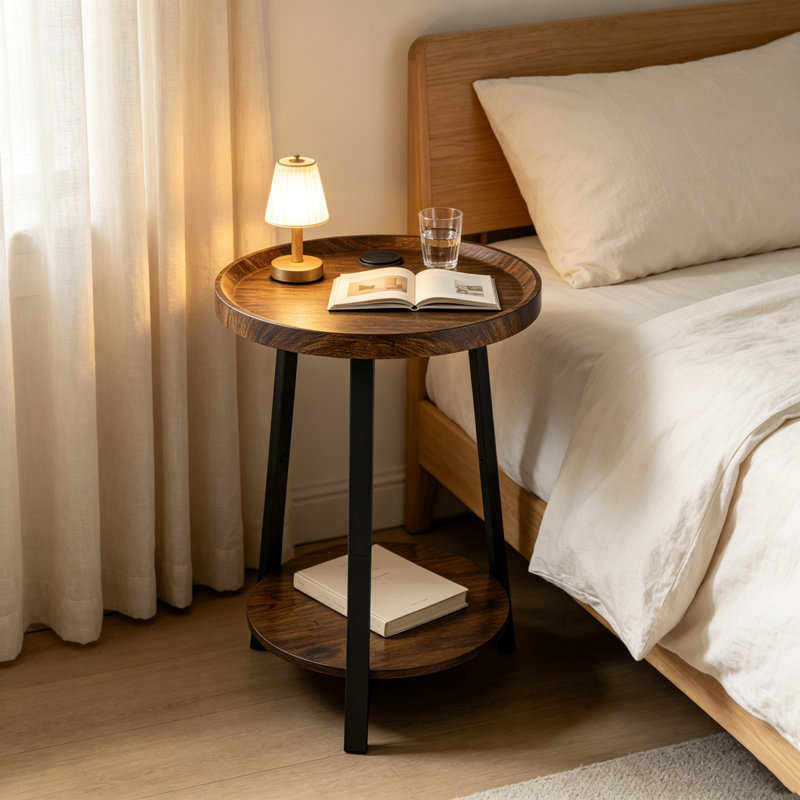 Table d'appoint ronde brune à 2 niveaux avec tablette de rangement ouverte, table de chevet moderne avec ports de chargement USB et CA pour le salon, la chambre à coucher et le bureau