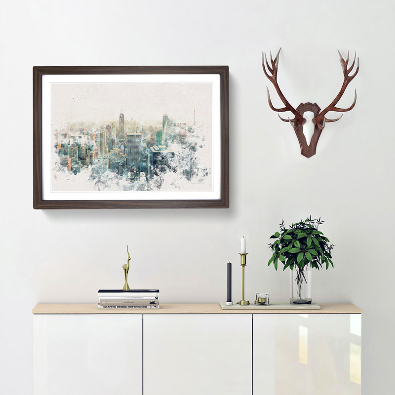 Manhattan Skyline in New York - Picture Frame Painting Print, 62cm H x 87cm W x 2cm D, Walnut Framed