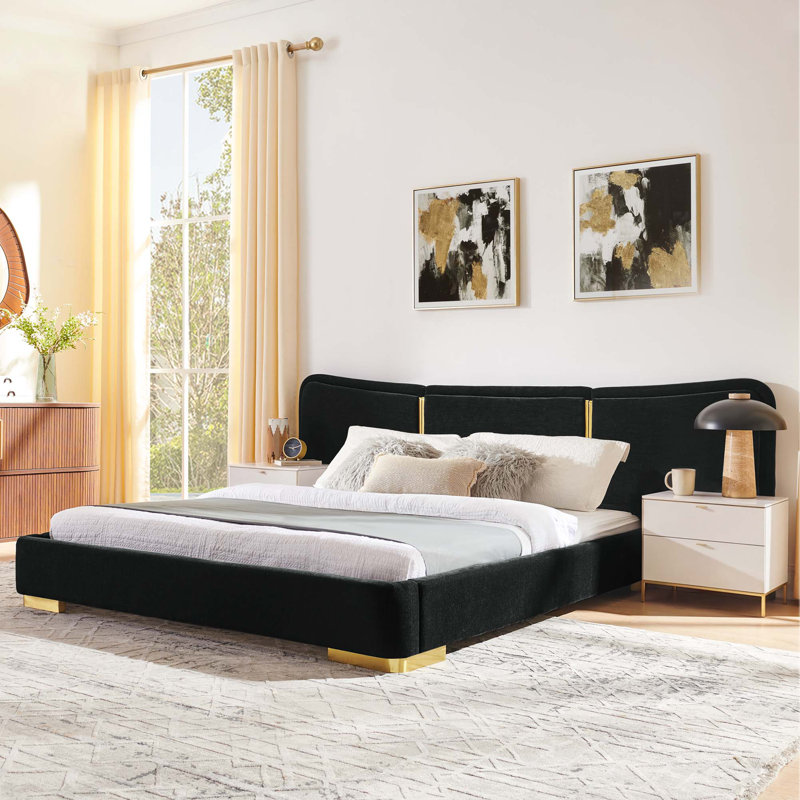 Lit plateforme moderne avec tête de lit courbée et pieds en métal renforcé, Black