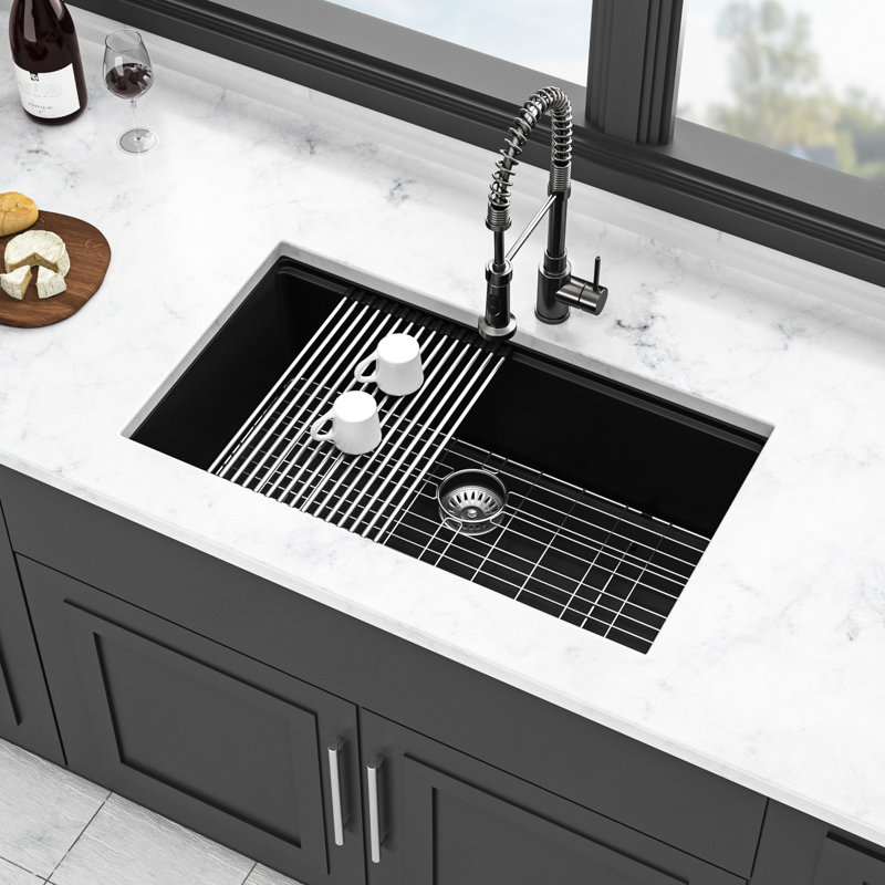 Évier en quartz noir composite 32 x 19 po pour poste de travail de cuisine, élimine les vibrations et le bruit, surface anti-égratignures, paquet avec planche à découper
