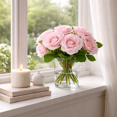 Pink | Artificial Silk Rose Flowers,realistic Roses Bouquet Long Stem -19“ L