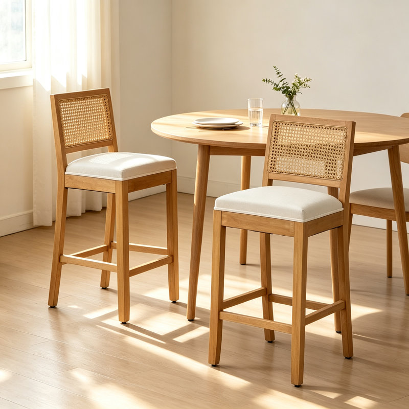 Tabourets de bar en bois massif avec dossier en rotin (lot de 2), Beige