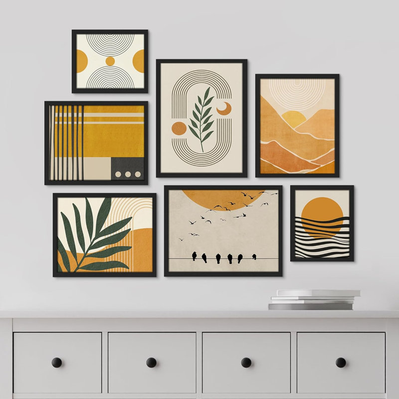 " Collage Mid-Century Pastel Circle Plants Abstract " 7 - Pieces, Black Framed