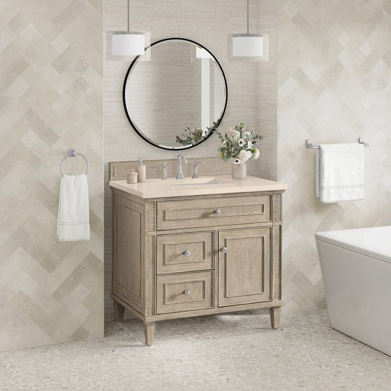 Lorelai 36'' W Single Vanity, Carrara White, Whitewashed Oak, 8" Widespread