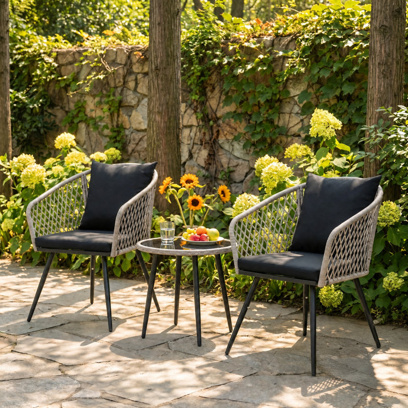 2-Person Outdoor Patio Conversation Set With Wicker Chairs And Glass-Top Side Table, Noir