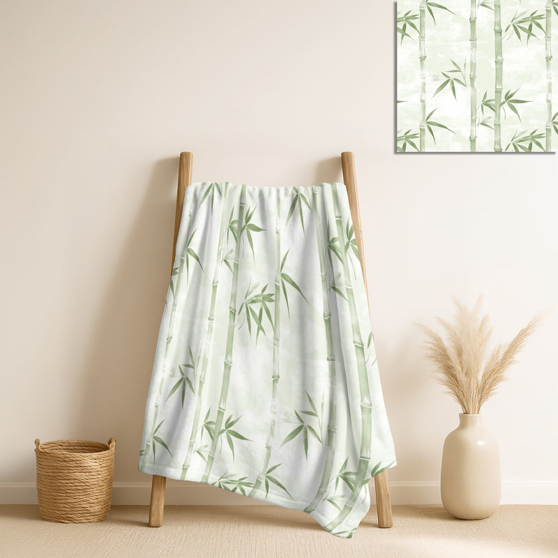 Bambou brume I - couverture douillette d'inspiration orientale verte, jeté doux bord de mer, Green Oriental 1