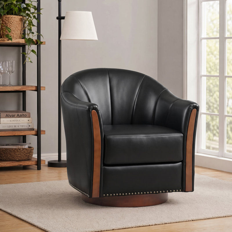 Fauteuil demi-tonneau pivotant rembourré en cuir végétalien de 28 po de largeur avec base en bois massif, Noir