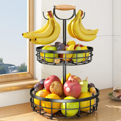 Double-Tier Fruit Basket, Vegetable Storage With Double Banana Tree Hooks And Wooden Handles, Countertop Wire Basket, Black