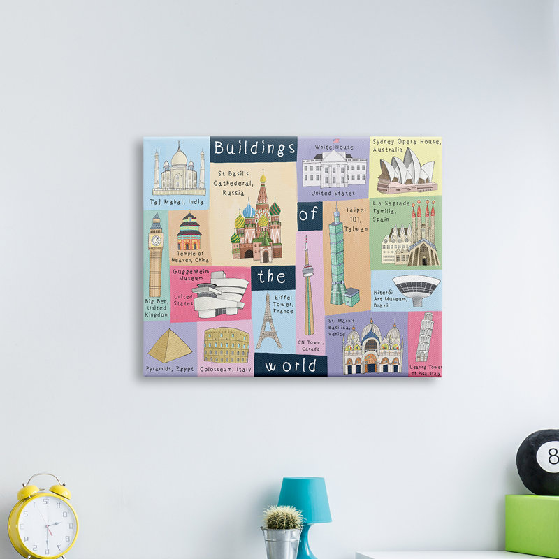 «Building of the World», charte pour enfants, repères architecturaux - impression, H 30 po x l 40 po x 1,5 po, Toile tendue