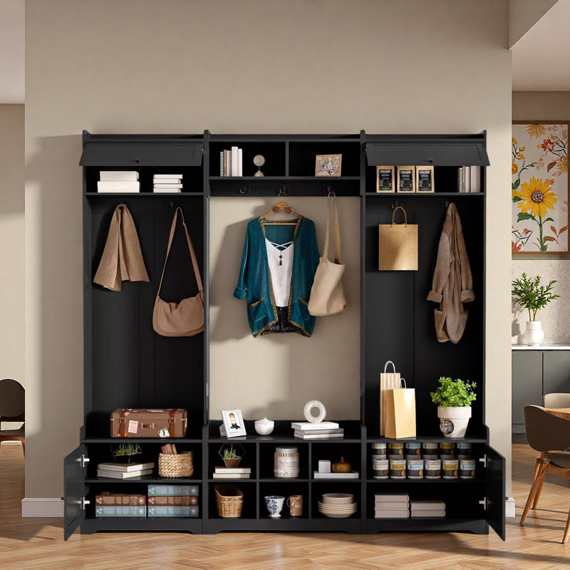 4-in-1 Modern Hall Tree With Shoe Storage, Cubbies, Coat Hooks And Adjustable Shelves, Black