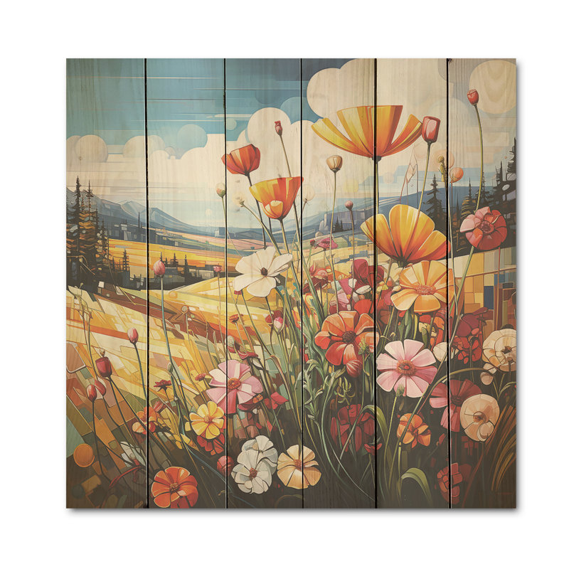 Abstrait harmonie de fleurs - prairie, art mural sur bois de pin naturel, H 15 po x l 15 po