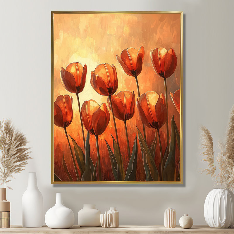 Tulipes brunes automne lueur II - Tulipes, art mural, H 32 po x l 16 po, Reproduction avec cadre flottant, Doré