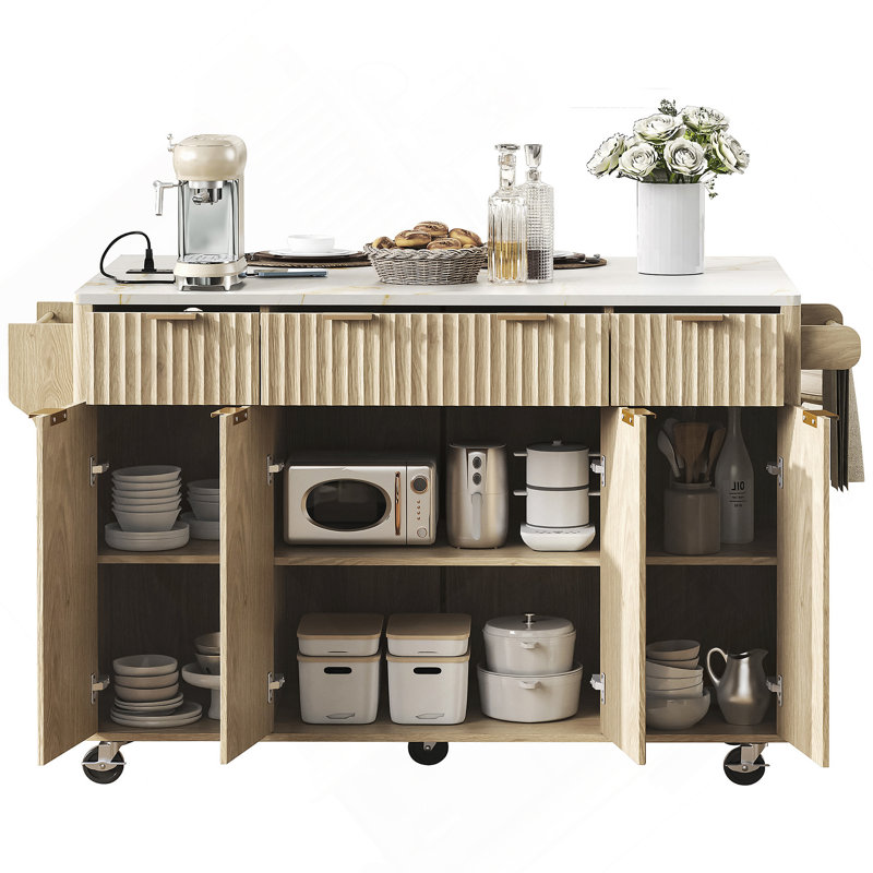 55.5" Fluted Kitchen Island With Drop Leaf, Storage, Charging Station & Lockable Wheels, Natural, White Marble