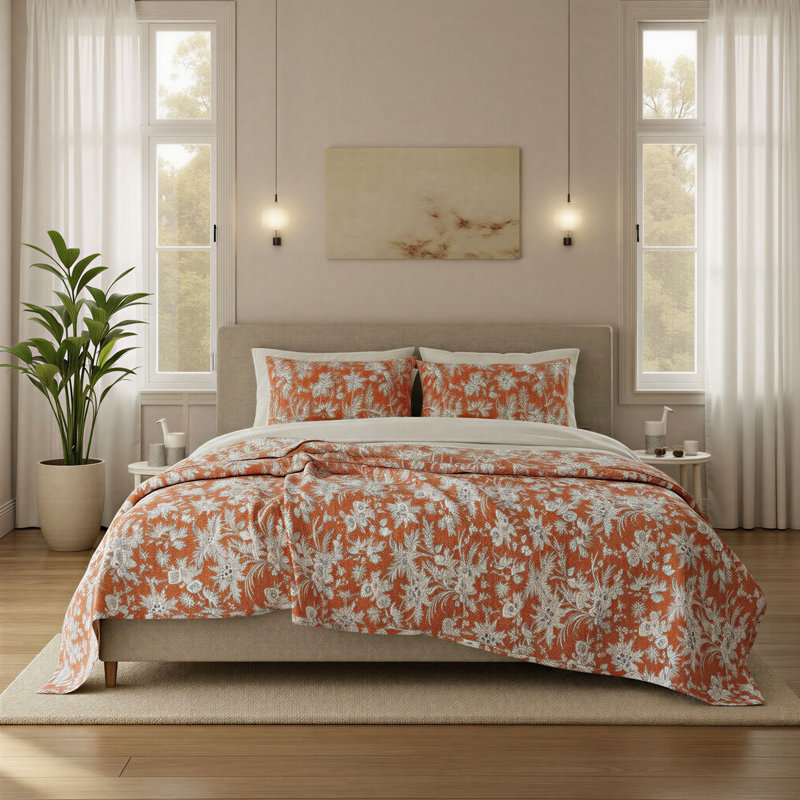 Couvre-lit floral en voile de coton avec coutures Kantha brodées à la main et 2 taies décoratives standard, Orange