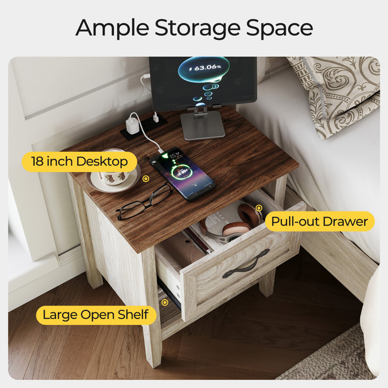 Anyah Farmhouse Nightstand with Charging Station and Storage, Bedside Table with Drawer, Beige