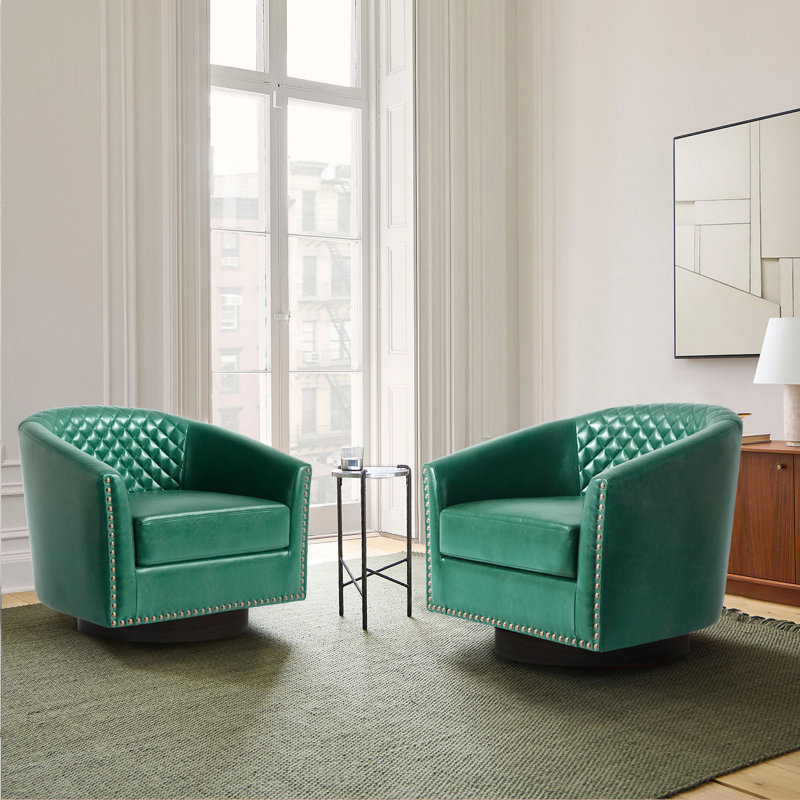 75.2Cm Wide Tufted Swivel Barrel Chair, Green Faux Leather