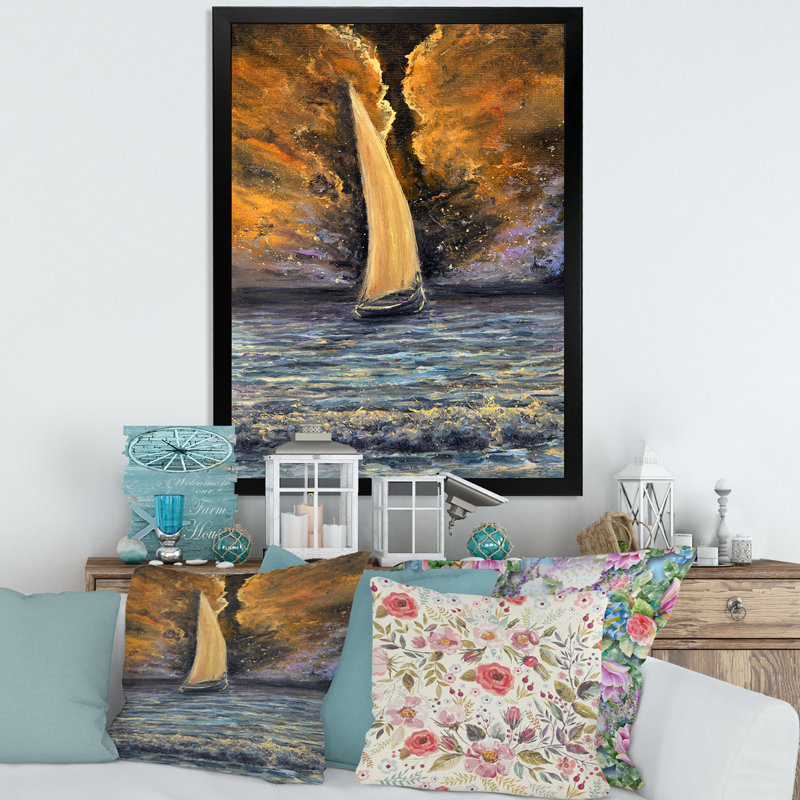 Sailship on the Ocean at Dawn - Peinture sur toile, H 32 po x l 16 po x P 1 po, Cadre photo noir
