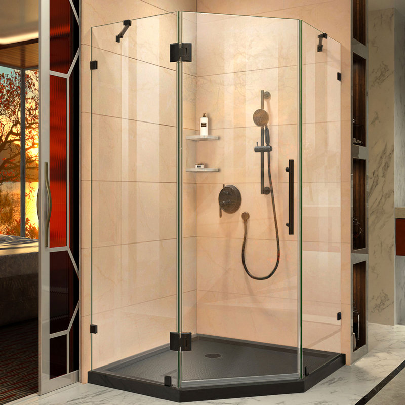 Cabine de douche à charnière néo-angle avec base incluse Prism Lux 42 "x 74,75", Noir mat / noir