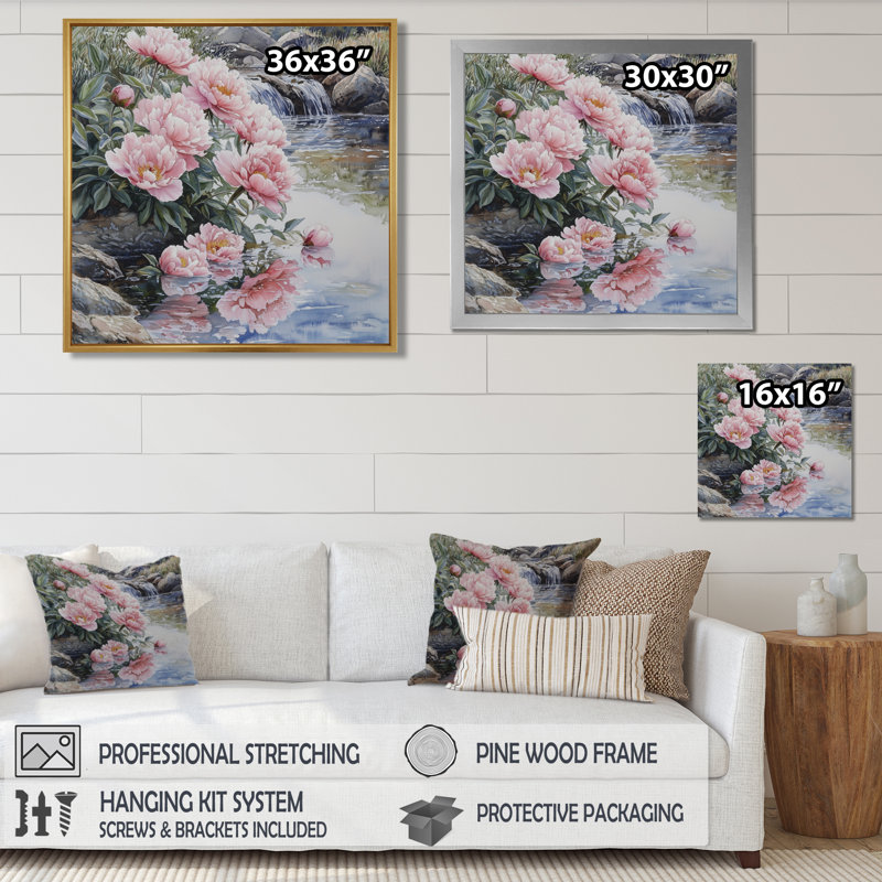 Pivoines près du ruisseau de montagne III - pivoines, art mural large, H 16 po x l 16 po, Impression encadrée flottante