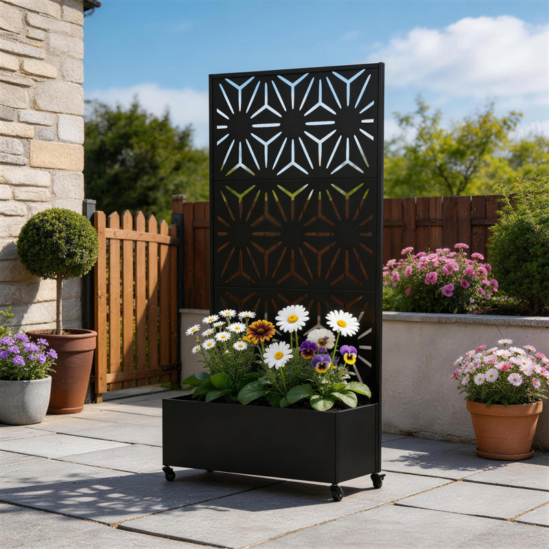 Boîte à fleurs en métal avec treillis et roues Alden, H 70,8 po x l 35,5 po x P 15,7 po, Black