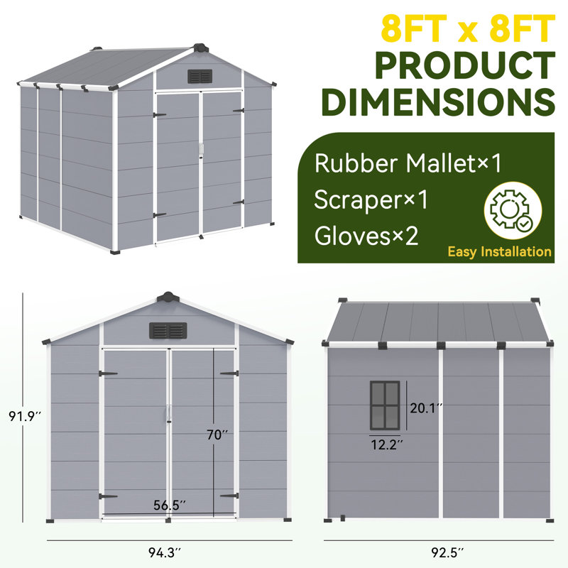 8X8 FT Outdoor Storage Shed, Weather-Resistant Shed With Lockable Double Doors & Built-In Floor, Sloped Roof Outdoor Shed For Backyard, Patio & Lawn, Black