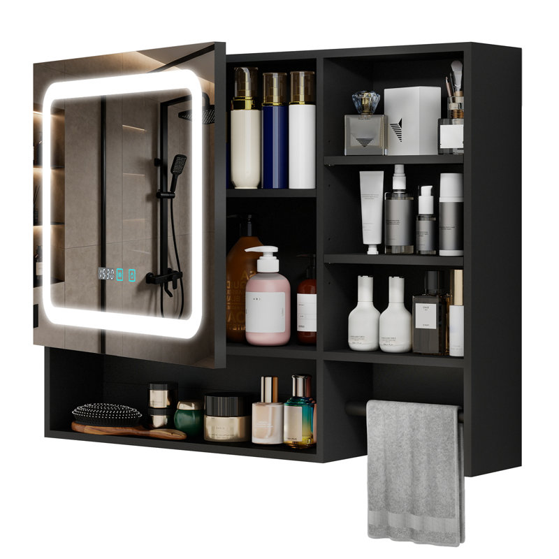 80x60CM Led Bathroom Mirror Cabinet, Bathroom Storage Cupboard With Towel Rack Adjustable Shelves