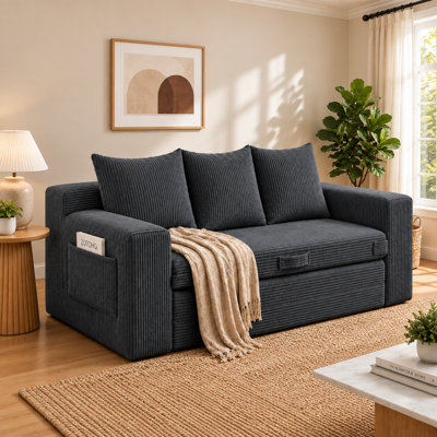 3‑in‑1 Convertible Boneless Sleeper Sofa Bed with Side Pockets & Handle, Corduroy 3‑Seater Futon Couch, 3 Pillows Included, No Assembly Required for Living Room & Bedroom Small Spaces
