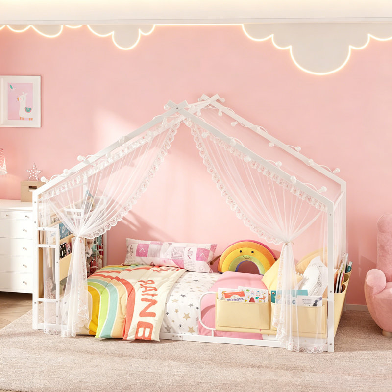 Lit simple Montessori avec structure de toit, lit pour tout-petit Lit simple pour enfants avec garde-corps de sécurité, lit Montessori pour garçons, cadre de lit robuste pour enfants