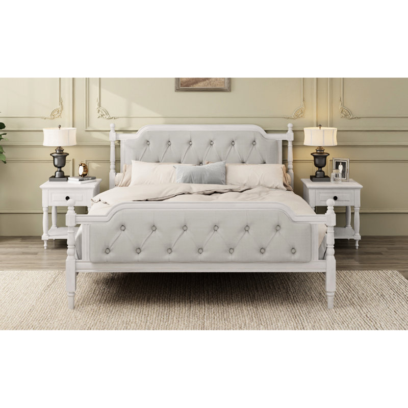Solid Wood King Bed Frame With Classy Headboard, No Box Spring, Decorate Bedroom Linen Upholstered Spring Needed, Enhance Sleeping Experience