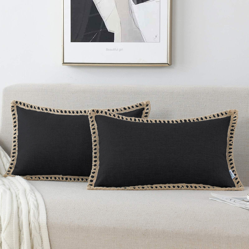 Farmhouse Trimmed Burlap Linen Polyester Pillow Cover, Black, 14"H x 24"W, Rectangular