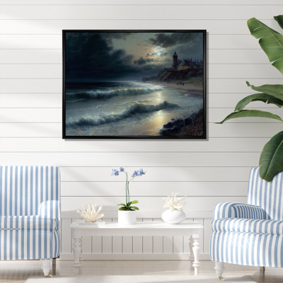 «Lighttower In Stormy Full Moon Beach Night On», reproduction sur toile