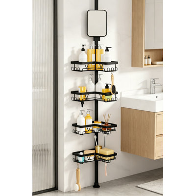 Serviteur de douche à barre de tension avec miroir de rasage anti-buée, organisateur de coin de salle de bain réglable pour baignoires et coins standards, 4 tablettes amovibles avec crochets et drainage en U, installation sans perçage, acier inoxydable noir