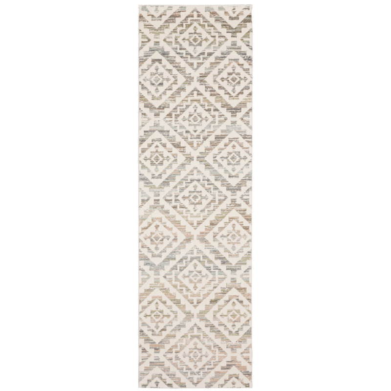 Tapis gris / crème / vert en polypropylène tissé à la machine Hinch, Tapis de couloir 2 pi 3 po x 7 pi 3 po