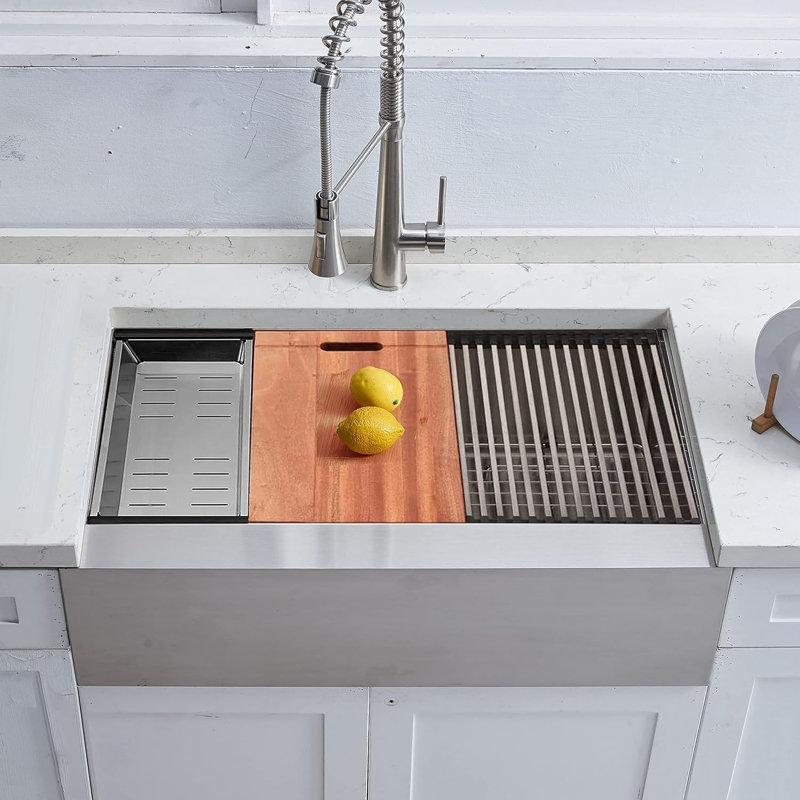 33'' L Single Bowl Stainless Steel Kitchen Sink, Brushed Nickel