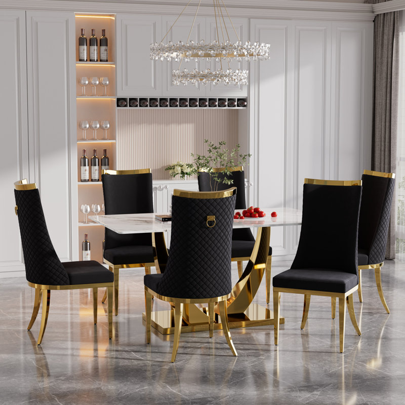 Ensemble de salle à manger à piédestal en verre trempé avec dossier haut, Noir / or, H 30 po x L 63 po x l 35,4 po