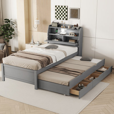 Wooden LED Platform Bed With Trundle, With Storage Headboard, With Drawers, (Old SKU: N820S00008D)