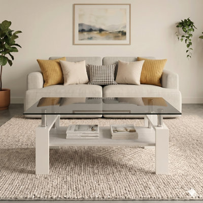 Fraiya Rectangle Coffee Table with Tempered Glass & MDF Storage Shelf, Modern Living Room or Office Centre Table