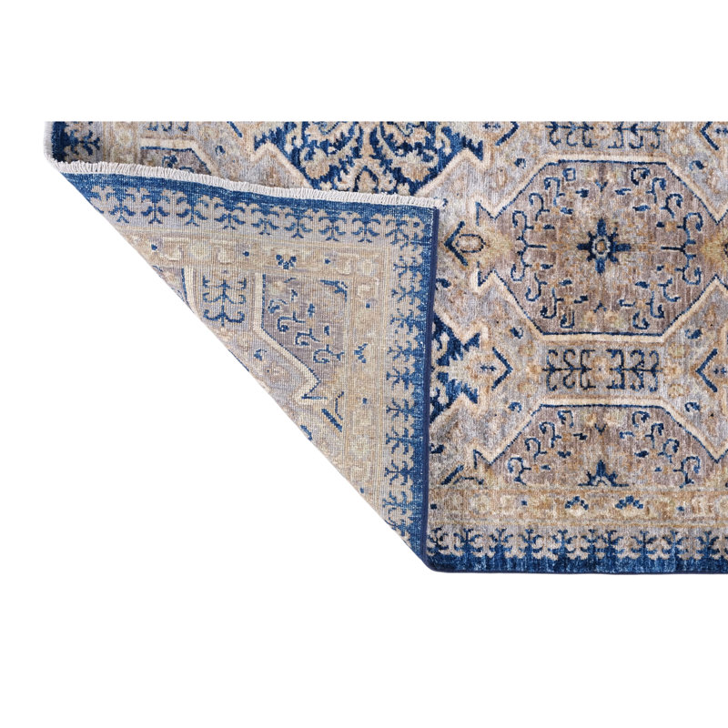 Tapis argenté et bleu noué à la main de haute qualité