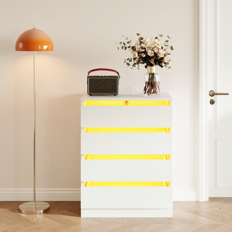 Commode 4 tiroirs avec station de charge et lumière DEL, Blanc