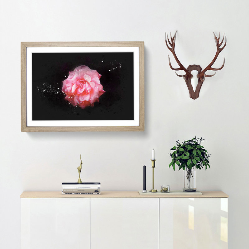 Lone Pink Carnation Paint Splash - Picture Frame Graphic Art, 33cm H x 45cm W x 2cm D, Oak Framed