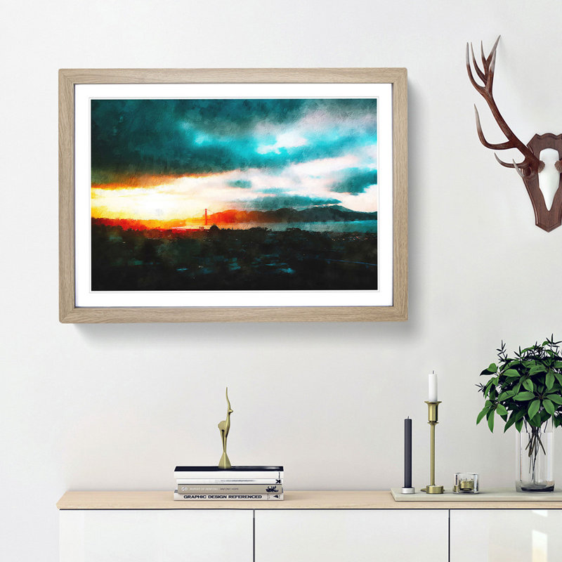 San Francisco Skyline - Single Picture Frame Painting on MDF, 24cm H x 33cm W x 2cm D, Oak Framed