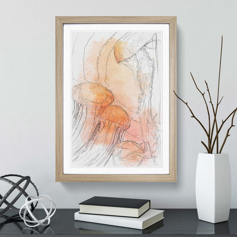 The Orange Jellyfish in Abstract - Picture Frame Graphic Art Print, Oak Framed, 36cm H x 27cm W x 2cm D