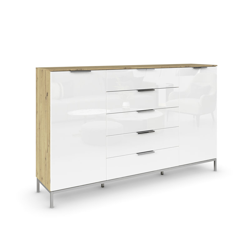 5 - Drawer Chest of Drawers, Artisan Oak/White Glass/Chrome