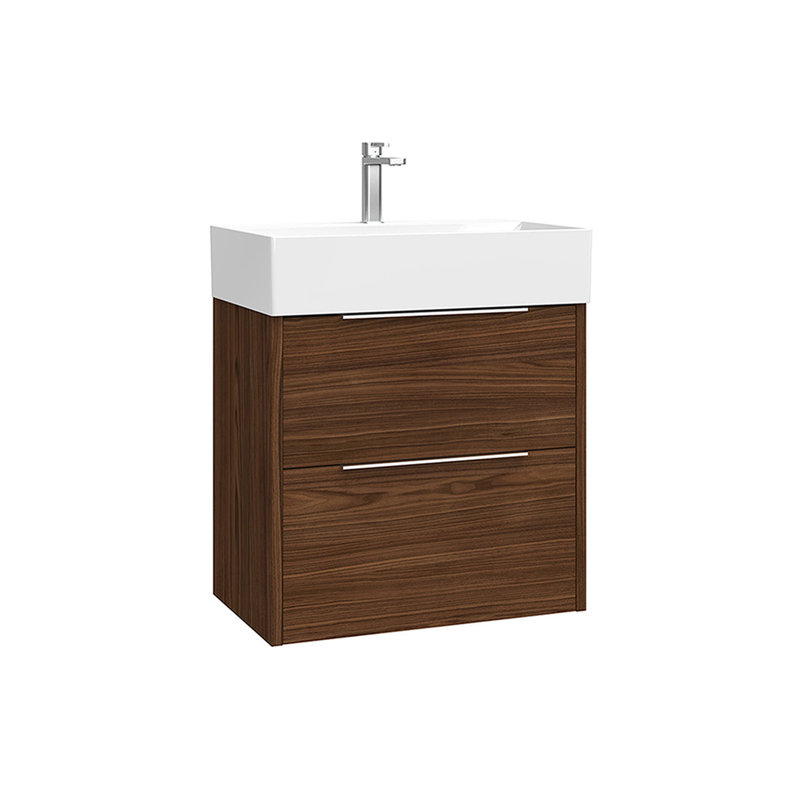 Meuble-lavabo mural Primrose C60 blanc brillant avec poignées chromées, Noyer