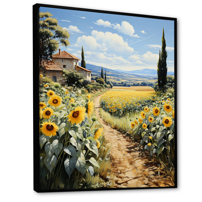 Champ français de tournesols en Normandie I - impressions sur toile florales, Cadre flottant noir, H 32 po x l 16 po x P 1 po