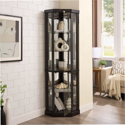 Lighted Corner Curio Cabinet - Elegant Glass Display Case For Living Room & Bar Storage - Perfect For Antique Collections & Wine - Includes Built-In Lighting - BLACK