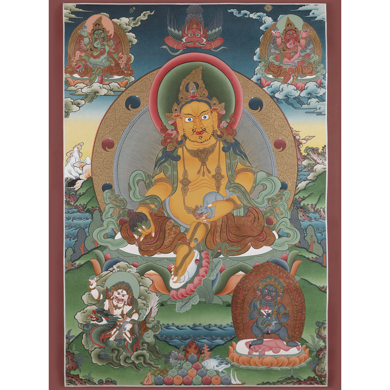 Thangka «Panch Kubera - cinq aspects de la richesse» peint à la main | Toile de coton H 39,4 po x l 27,2 po avec feuille d'or véritable 24 carats