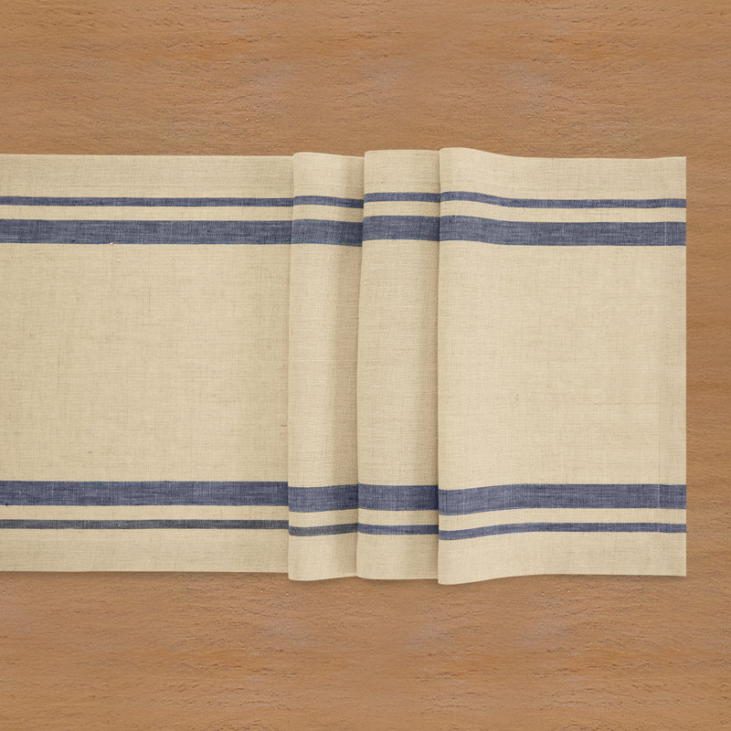French Stripe - 100% Pure Linen Table Runner, 120" x 14", Navy/Natural