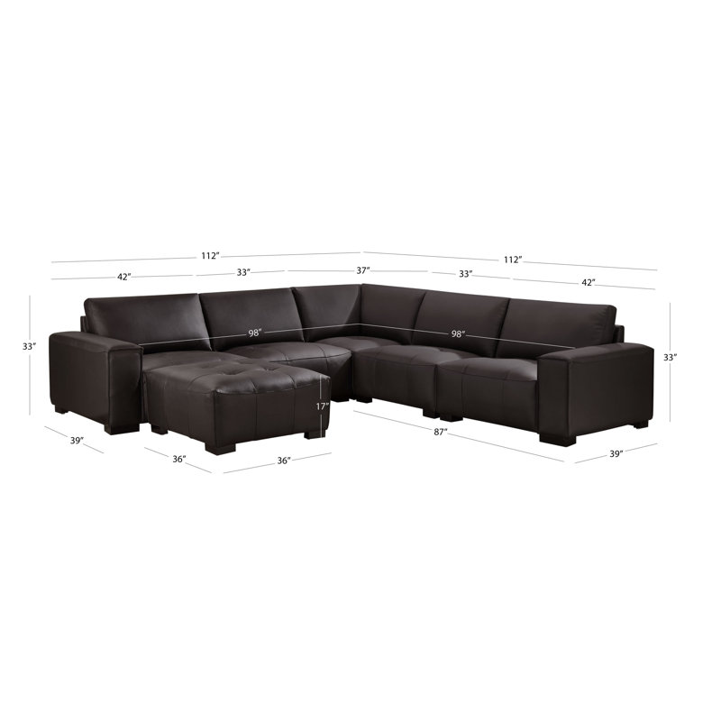 Canapé modulaire de coin symétrique en cuir véritable de 112 po avec repose-pieds Fawcette, Similicuir brun